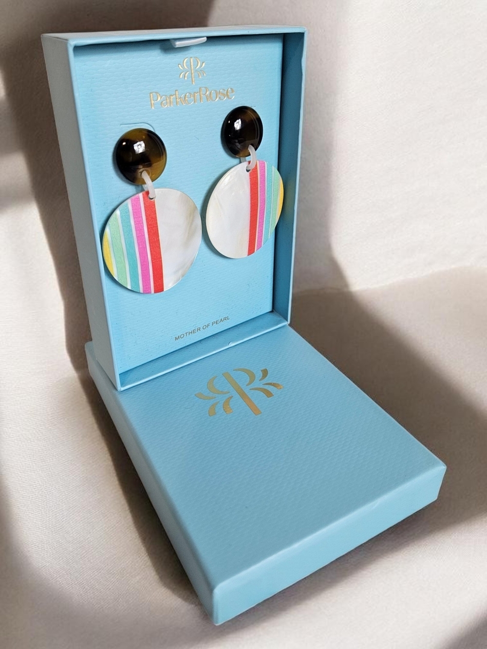 Parker Rose Earrings OS Mother of Pearl Rainbow Stripe Drop Tortoise Shell M NIB